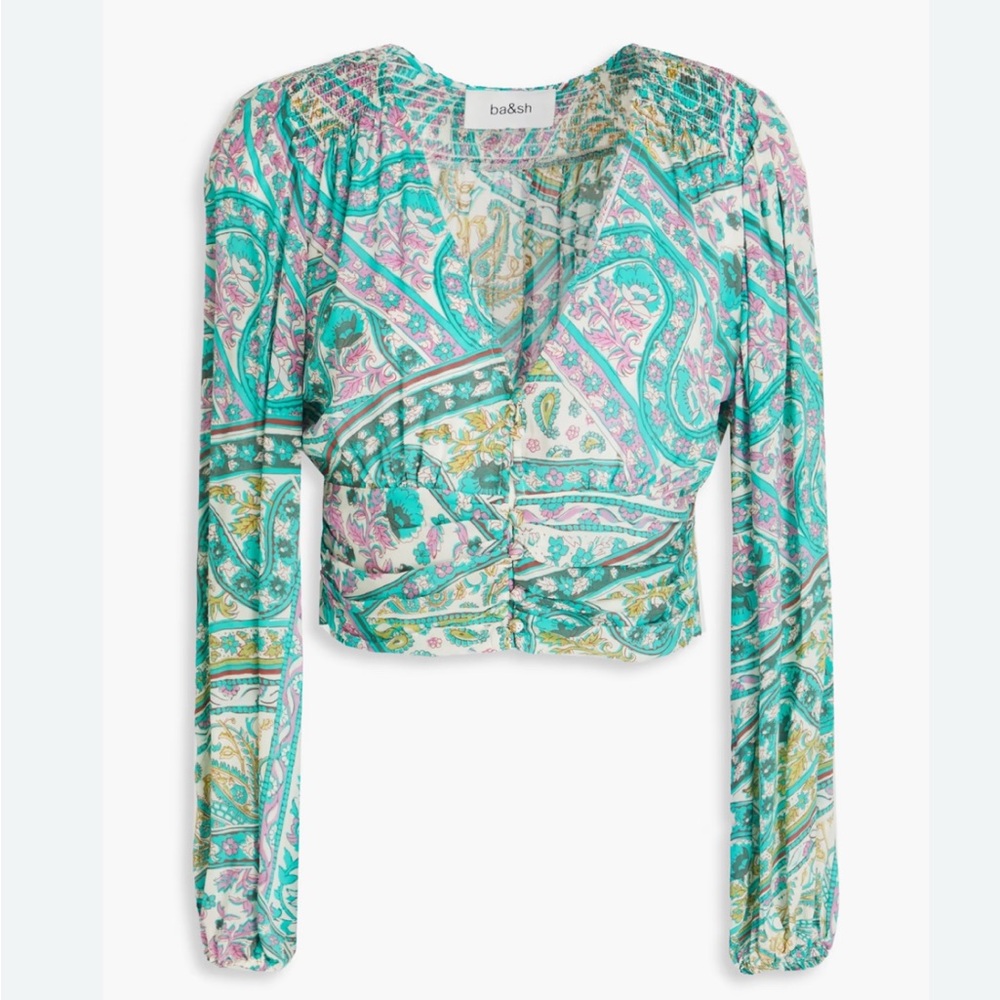 BASH Cropped Ruched Printed Mousseline Blouse Size Medium